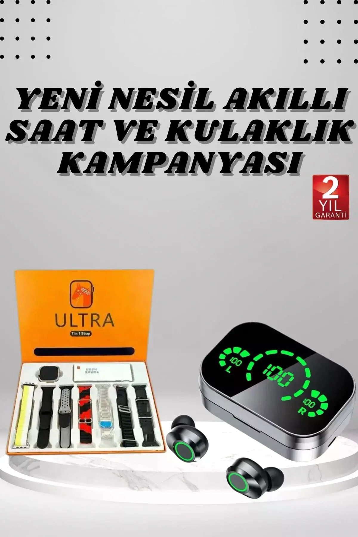 7 Kordonlu Akıllı Saat Ve Aynalı Bluetooth Kulaklık Powerbank Dijital Göstergeli
