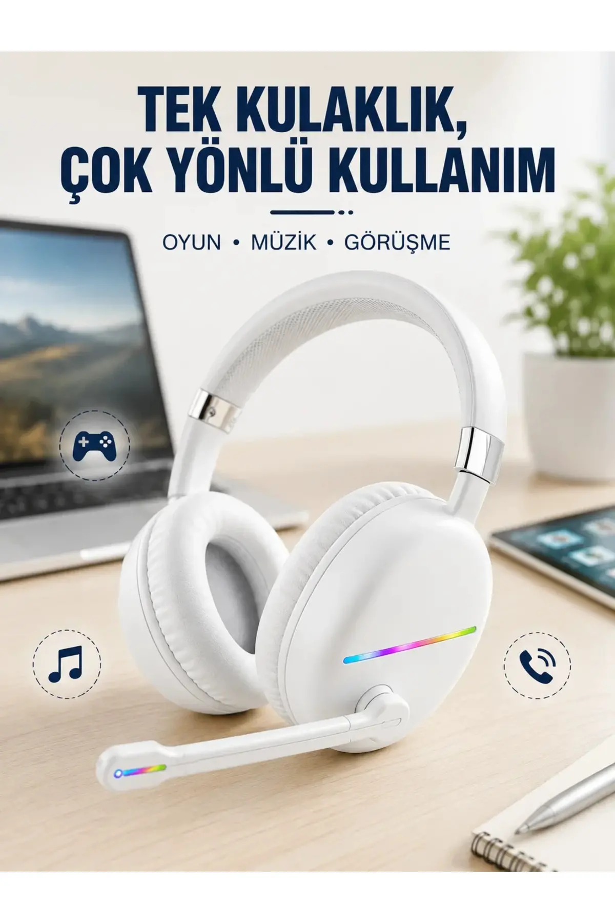 Beyaz Kablosuz Bluetooth Kulaklık krofonlu Ergonok Kulak Üstü Tasarım