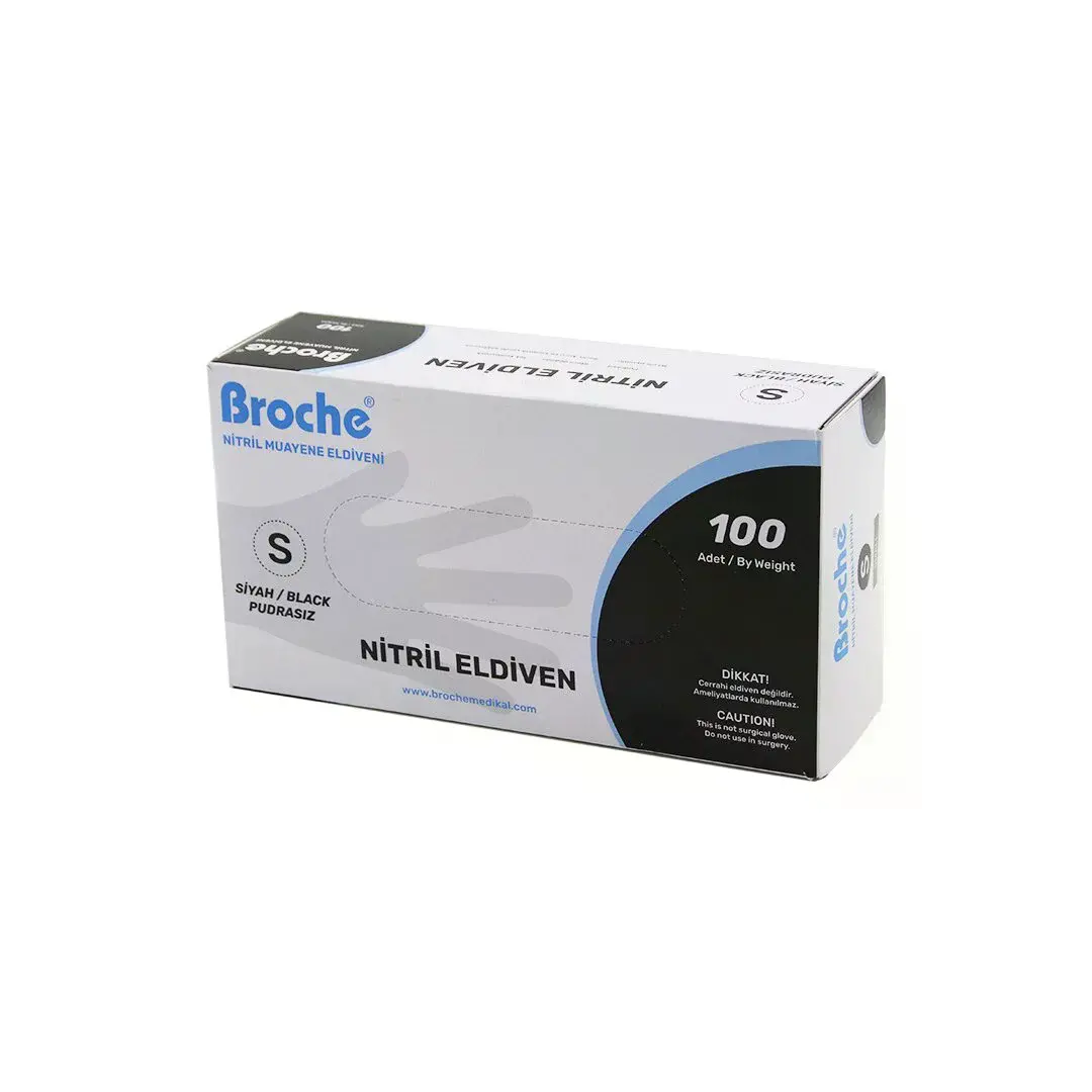 Broch S Beden Siyah Pudrasız Nitril Muayene Eldiveni 100LÜ