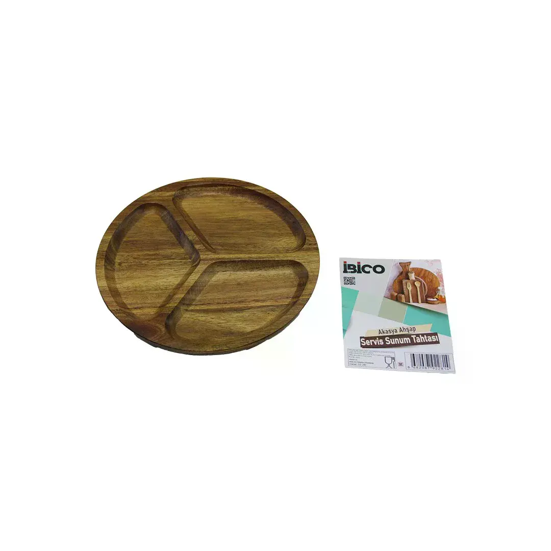 Akasya Yuvarlak 3 Bölmeli Ahşap Servis Sunum Tepsi - Tahtası 20 X 1.4CM