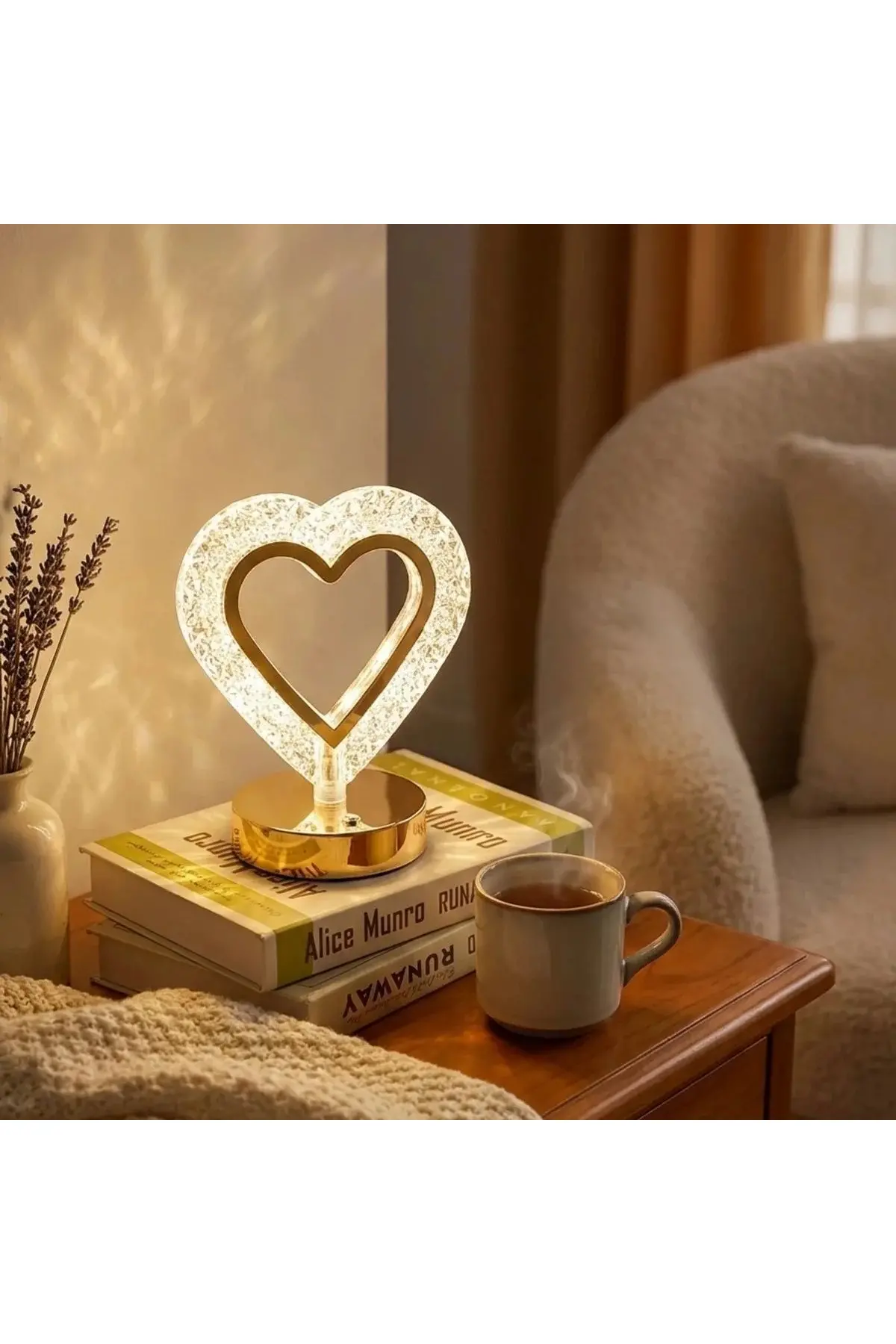 Kalp Şeklinde Kristal LED Masa Lambası – Dokunmatik, 3 Renk Işık Modlu, Şarjlı Mini Dekoratif Gece L