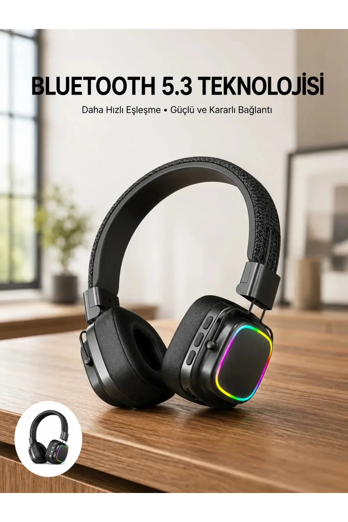 Renkli Işık Efektli Bluetooth 5.3 Müzik Kulaklığı Yeni Nesil
