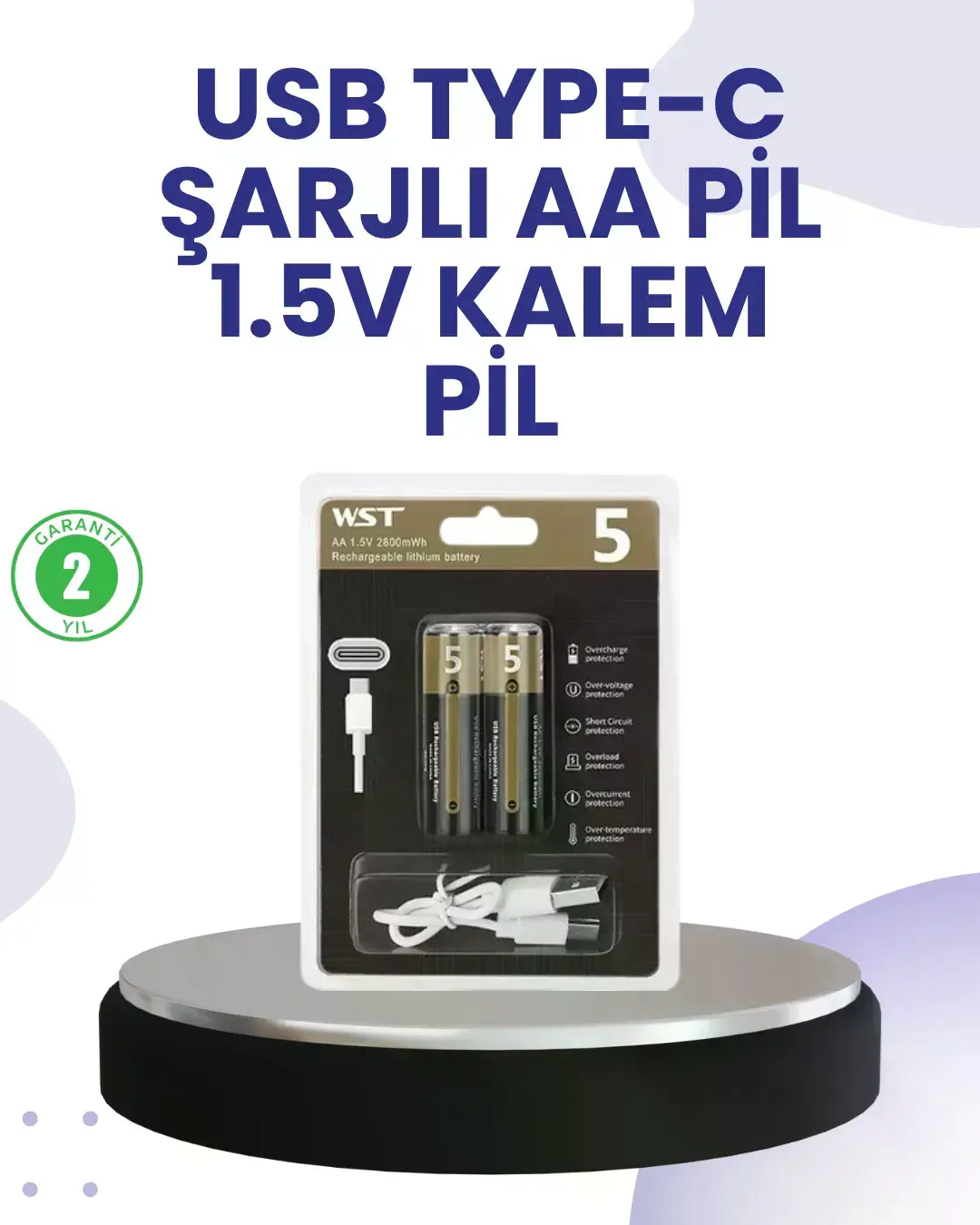 Type-C USB ile Hızlı Şarj Edilebilir AA Kalem Pil | 1.5V Lityum | Çiftli Paket