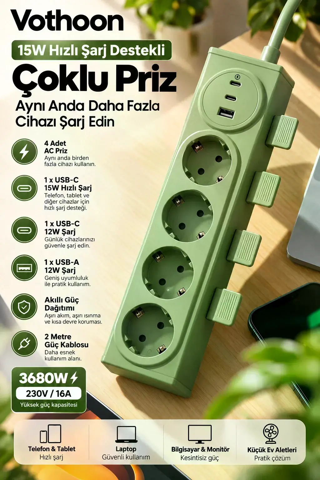 4’lü Akıllı Priz Tek Dokunuşla Fiş Çıkarma 2 Metre Kablo 2 Type-C + USB 15W Hızlı Şarj 3680W