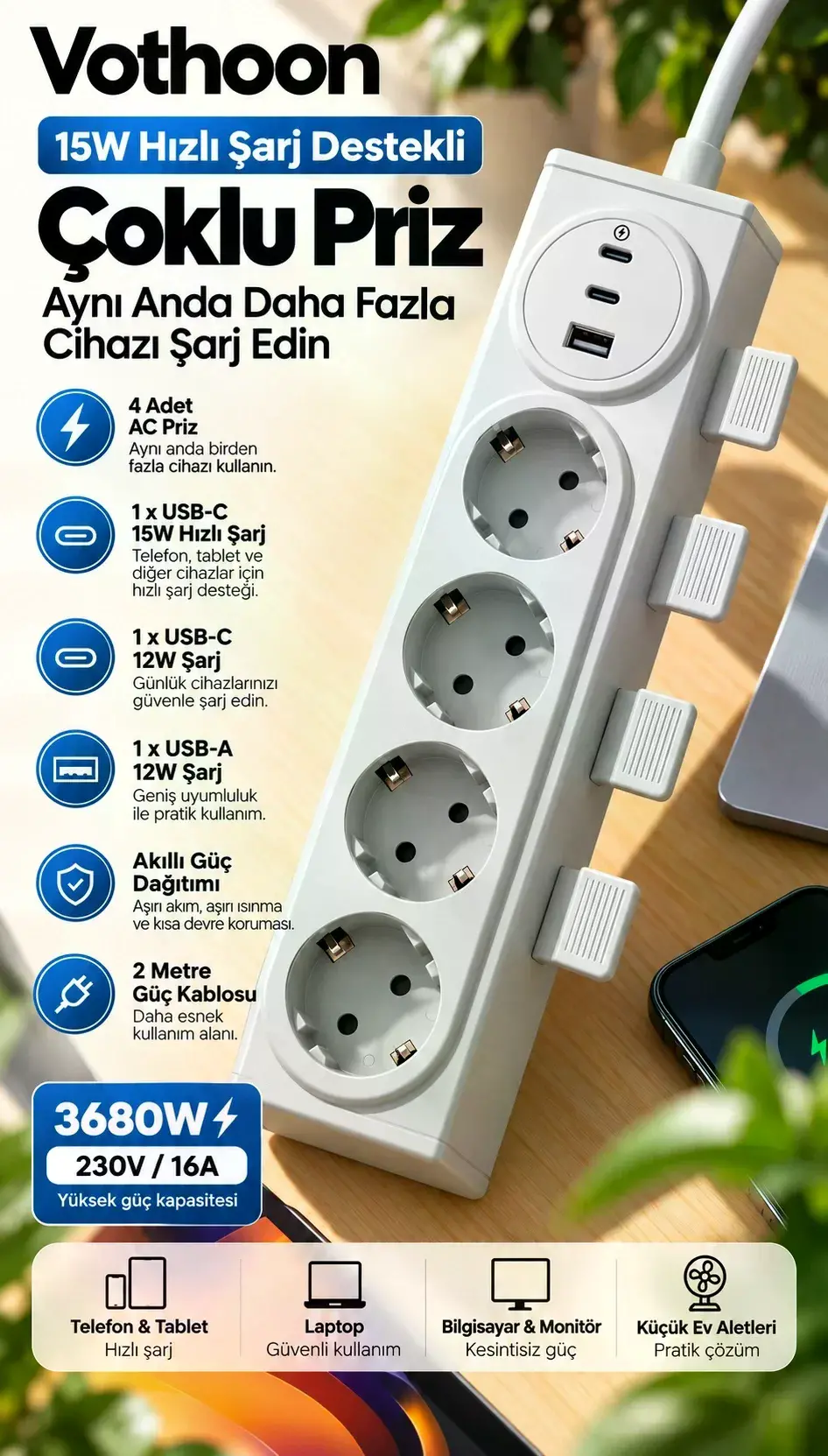 4’lü Akıllı Priz Tek Dokunuşla Fiş Çıkarma 2 Metre Kablo 2 Type-C + USB 15W Hızlı Şarj 3680W Krem