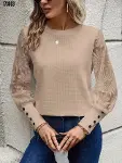 Kadın Uzun Kollu Bisiklet Yaka Kolları çiçekli Waffle Bluz-2