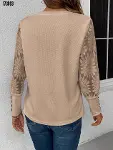 Kadın Uzun Kollu Bisiklet Yaka Kolları çiçekli Waffle Bluz-3