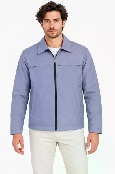 Erkek Su İtici Rüzgar Keser Astarlı Tam Fermuarlı 4 Mevsim Regular Fit Mont Ceket - Mavi