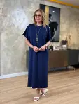 Kadın Kısa Kollu Bisiklet Yaka Omuzdan Düğmeli Uzun Viskon Iki Iplik Elbise-3