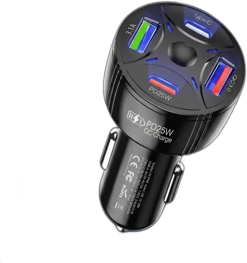 Super Şarj 4 Port PD25W, QC3.0, Araç Şarjı Çakmaklık, 2x Usb 2x Type-C, Çoklayıcı, 12-24V, 5V/6A Max