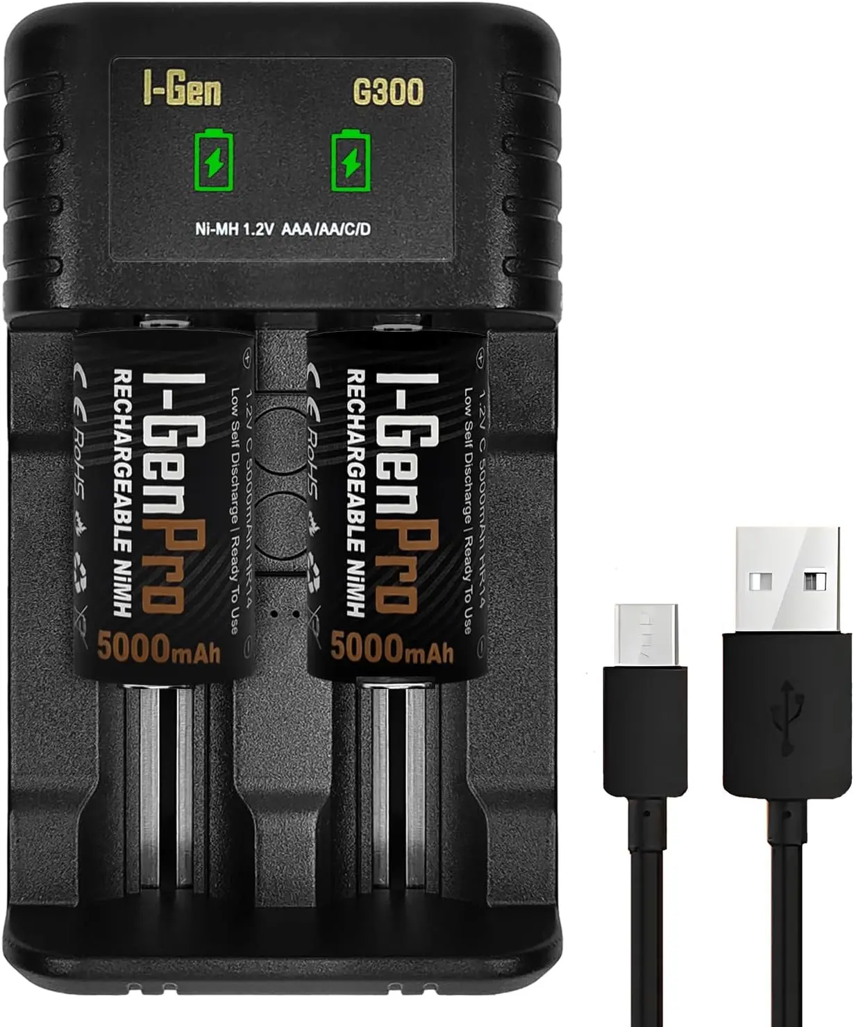 Batteries G32C 2’li AA/AAA/C/D Pil Şarj Aleti + 2 Adet Pro HR14 C Orta Boy 5000 mAh 1.2V Ni-MH Şarj