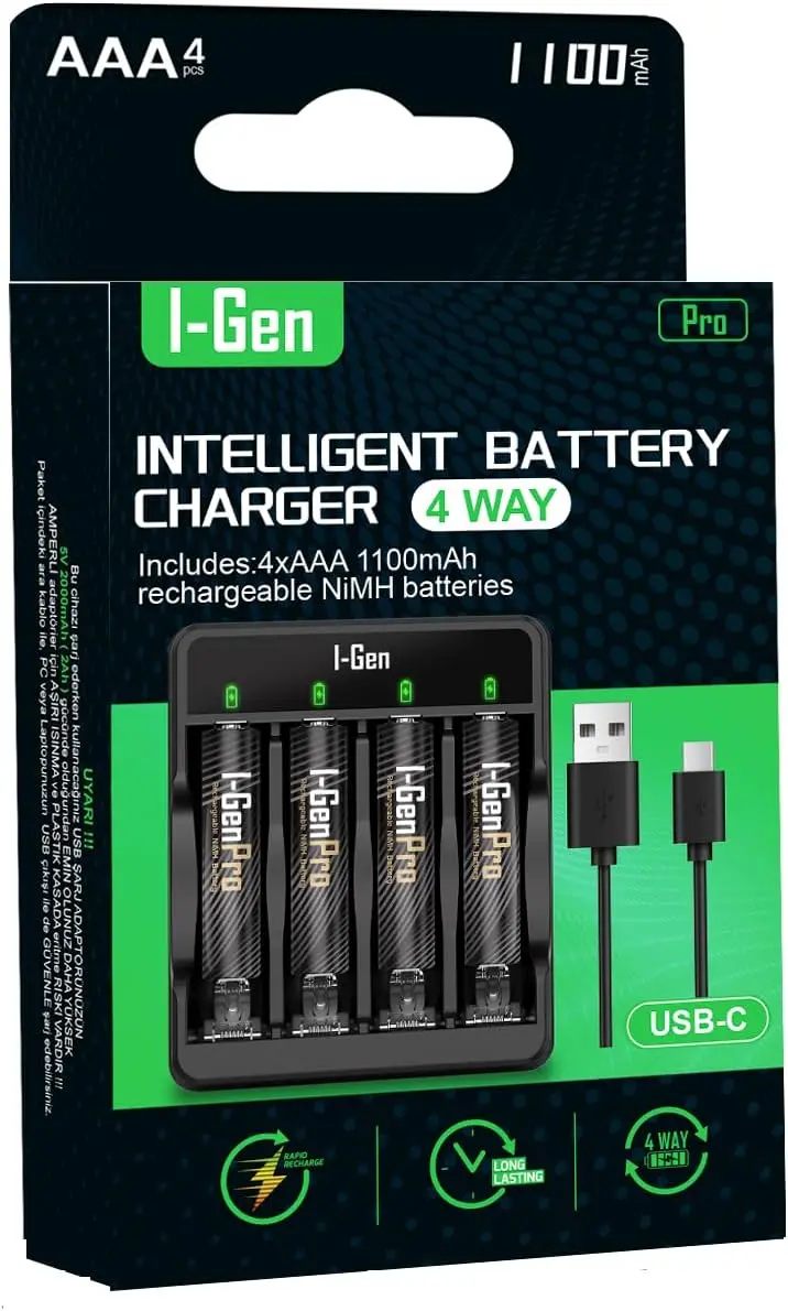 G411 4'lü Pil Şarj Aleti + 4 Adet AAA Pro 1100 mAh Şarjlı İnce Kalem Pilli Set