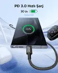 USB-C 60W 3A QC PD Örgülü Hızlı Şarj Kablosu, 1 Metre, Beyaz, 35218-4