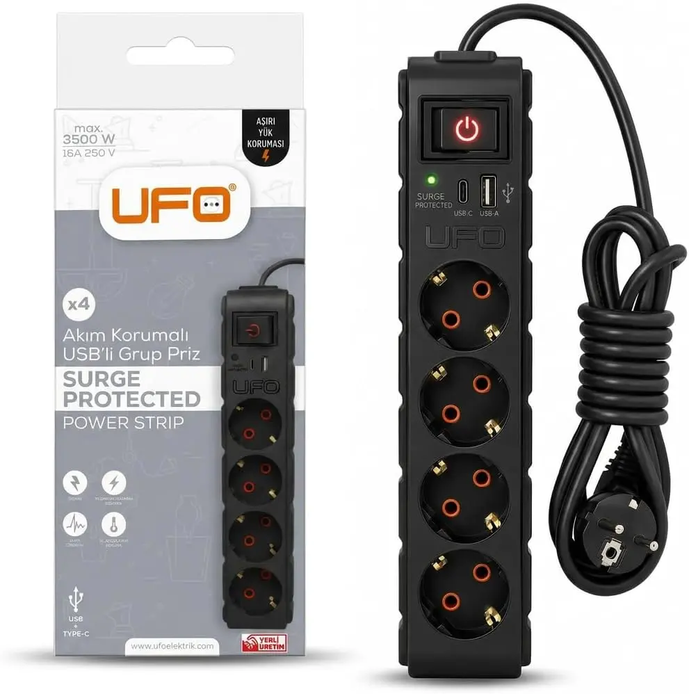 Yeni 4lü Akım Korumalı Grup Priz 1,5 Metre Bakır Kablolu, 5V 2,4A USB ve Type-C ile Şarj, Anahtarlı