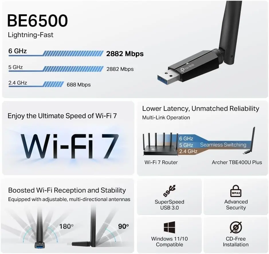 Archer TBE400U Plus | BE6500 Wi-Fi 7 Üç-Bant USB Adaptör | 6500 | Mbps Yüksek Çekim Gücü | MLO Tekno