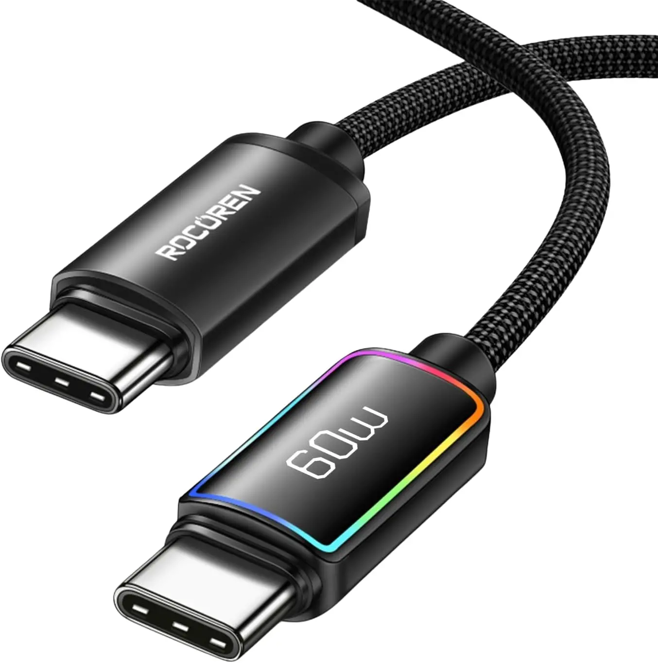 60W Type-C to Type-C RGB Aydınlatmalı Örgülü Şarj ve Data Kablosu 1 Metre