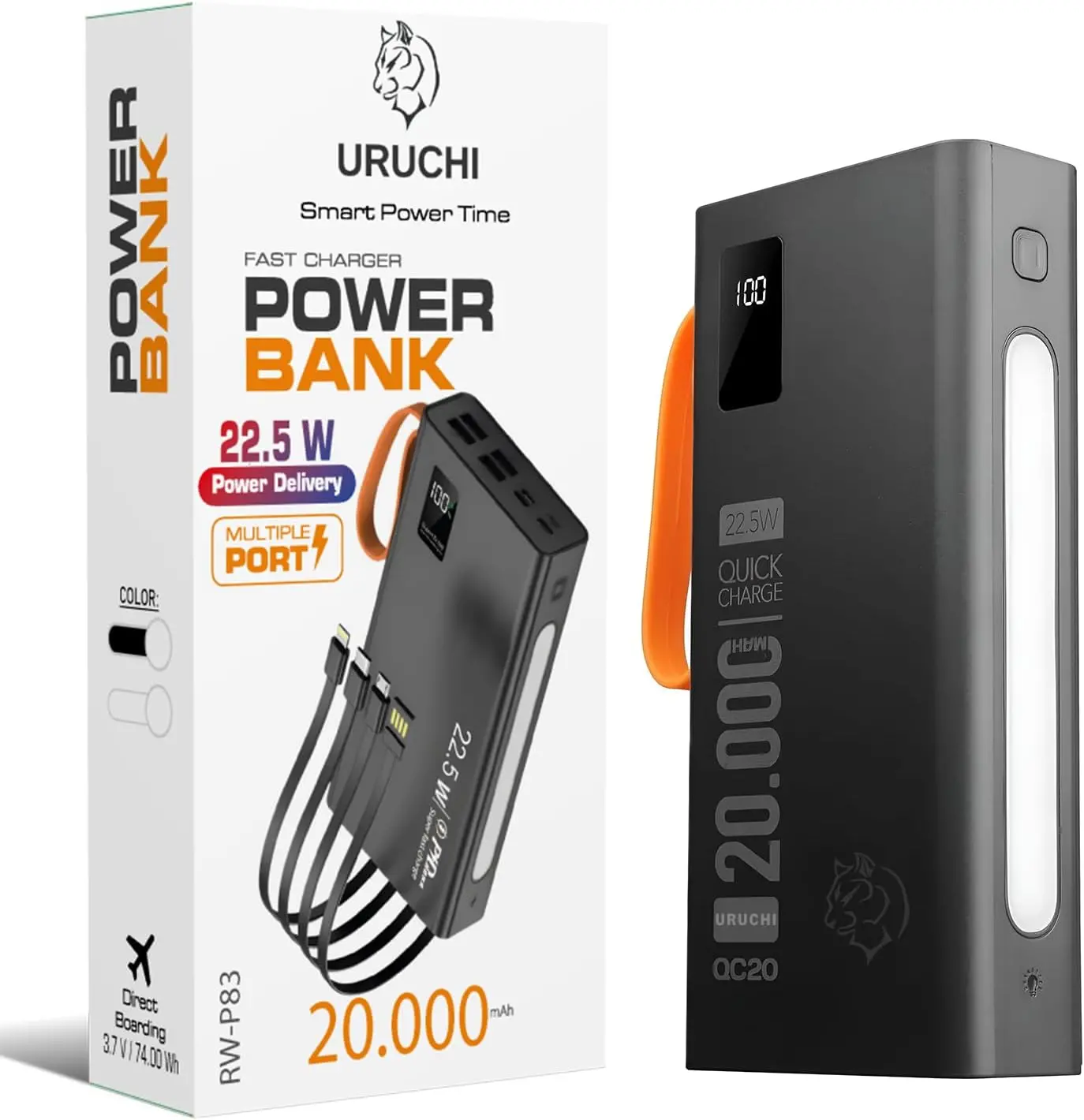 22.5W PD 3.0 Kablolu Powerbank, Gerçek 20.000 mAh Taşınabilir Şarj Cihazı, Dahili Type-C, Lightning
