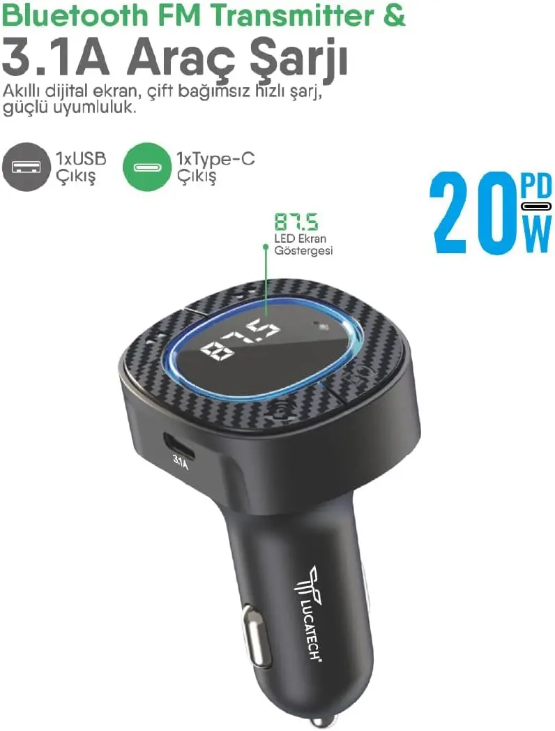 Bluetooth FM Transmitter USB Destekli Araç Şarjı