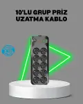 Termal Akım Korumalı 10’lu Grup Priz USB Type-C Hızlı Şarj 2500W 2m Kablo-1