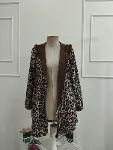 Kadın Uzun Kollu Kapşonlu çift Taraflı Cepli Bağcıklı Fermuarlı Viskon Iki Iplik Leopar Ceket-5