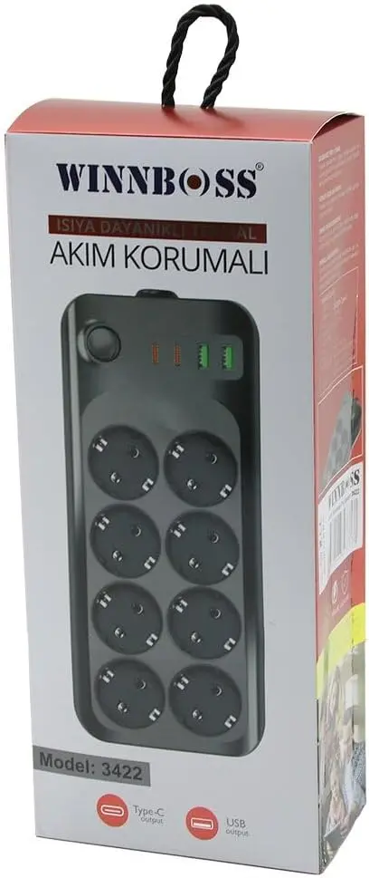 Wınnboss-3422 8'li Priz Uzatma Kablosu USB Type-C Girişli, 2 Metre, CHRMK12268, Siyah, Erkek
