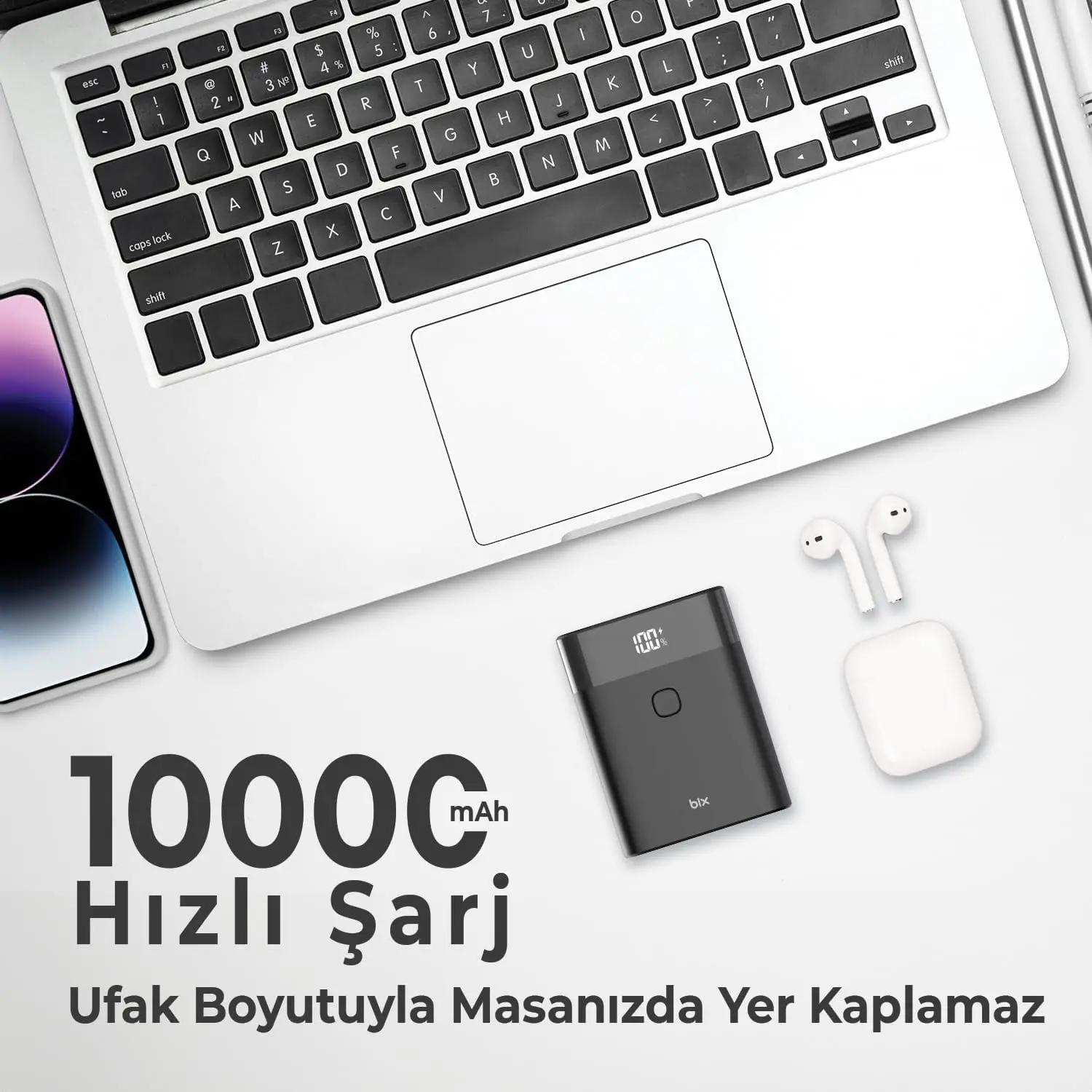 PB20W 10000MAH Type-C ve USB Çift Çıkışlı Dijital Ekranlı Mini Powerbank Siyah iPhone Huawei Uyumlu