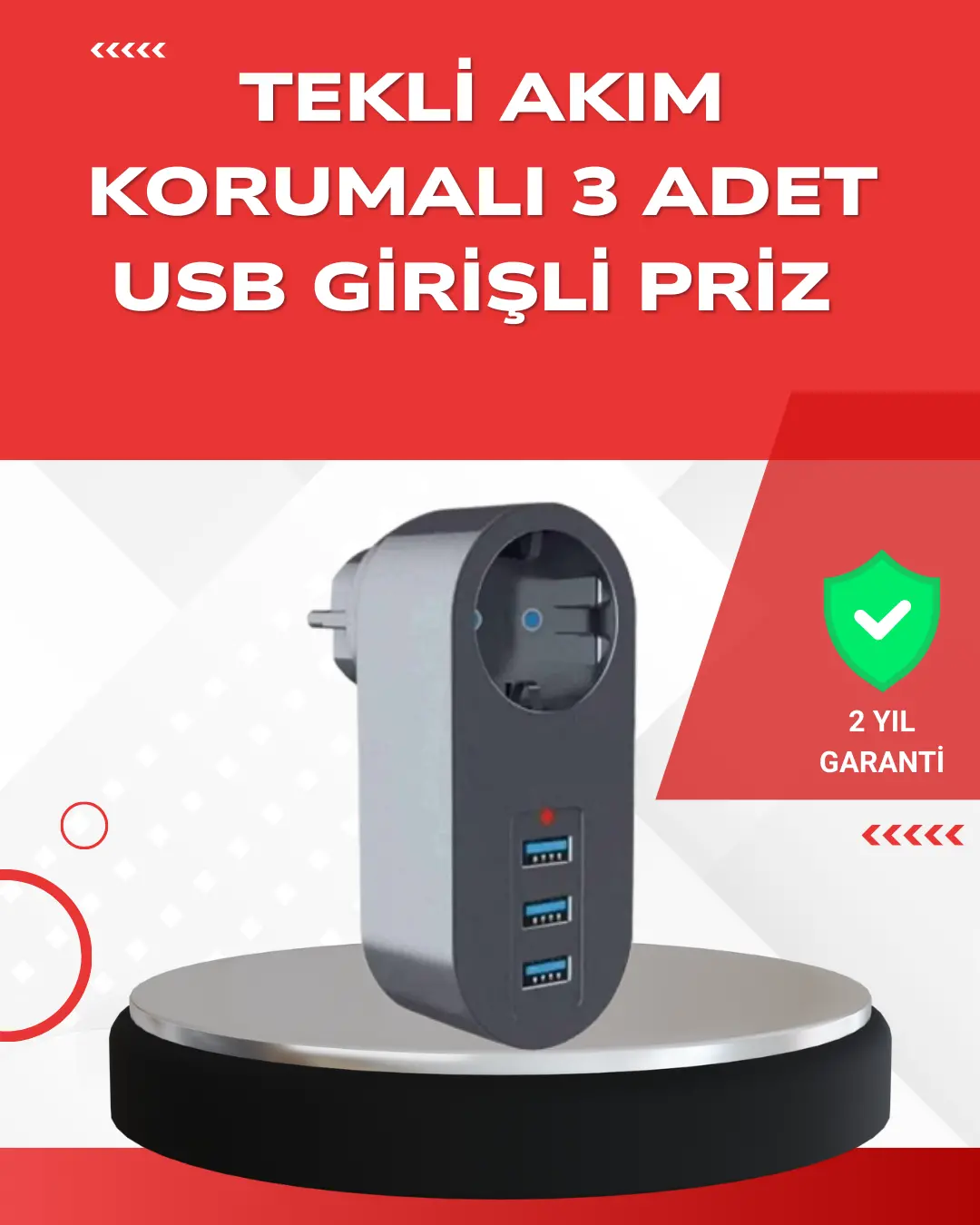 2500W Güç Destekli Akım Korumalı Priz – 3 USB Çıkışlı