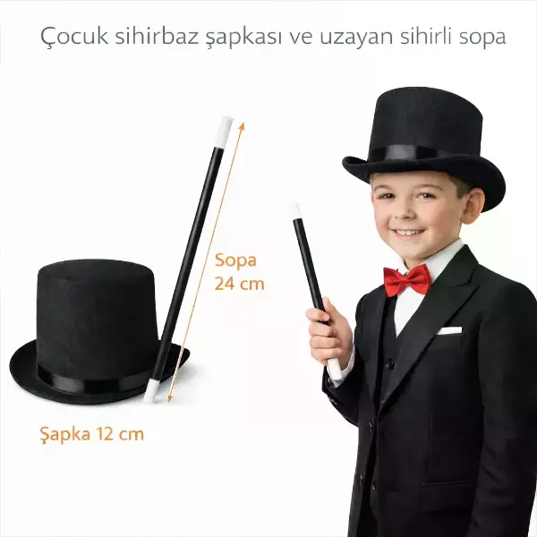 Çocuk Sihirbaz Şapkası ve Uzayan Yaylı Sihirli Sopa Seti