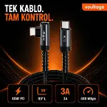 Type-C to Type-C L Uçlu 60W PD Hızlı Şarj Kablosu, 1 Metre, 90° Dirsek Uçlu USB-C Kablo, 3A, 480 Mbp-2
