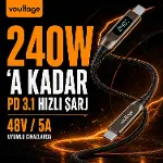 Type-C To Type-C 240W 1.2 M Dijital Watt Göstergeli Metal Uçlu Şarj Kablosu iPhone 17, 16, 15, Samsu-7