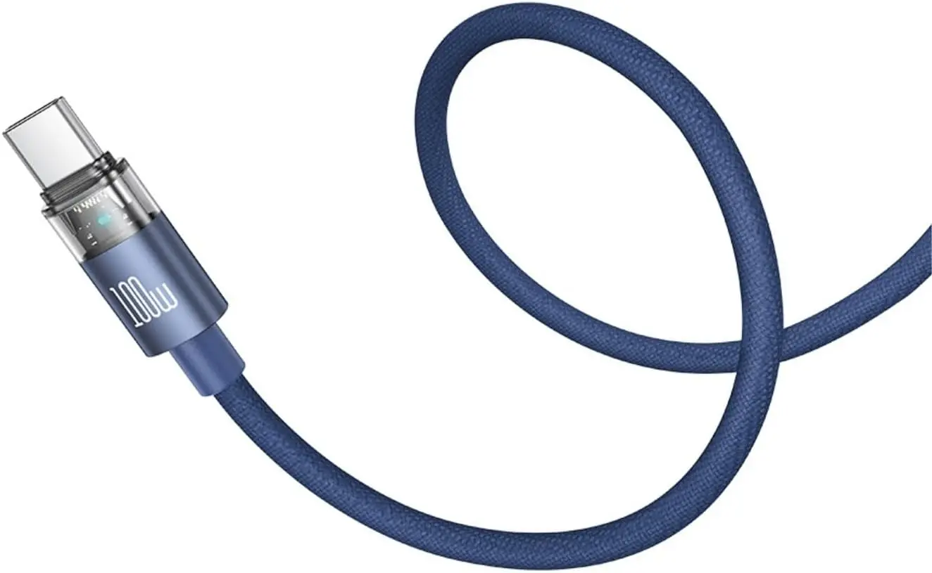 CA-5586 100W Typ-C to Typ-C Şeffaf Şarj Işıklı Kablo 1.6m Mavi