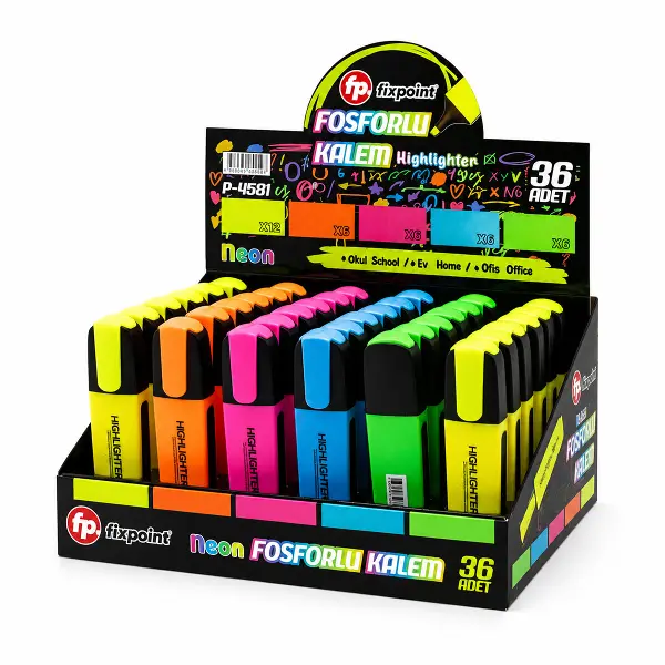 36 ADET NEON FOSFORLU KALEM - STANDLIDIR İÇİNDE 12 - SARI - 6 - TURUNCU - 6 - PEMBE - 6 - MAVİ - 6 -
