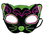 Siyah Kadife Kaplama Üzeri Pembe Yeşil Sim İşlemeli Kedi Maskesi 20x13 cm-1