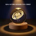 Satürn Desenli Kristal Küre LED Gece Lambası Ahşap Standlı-1
