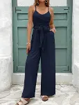 Kadın Ip Askılı V Yakalı Belden Kuşaklı Uzun Aerobin Tulum-3