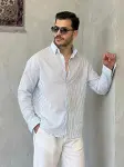 Erkek İnce Çizgili Gofre Kumaş Rahat Kalıp Gömlek-2