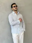Erkek İnce Çizgili Gofre Kumaş Rahat Kalıp Gömlek-3