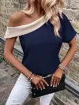 Kadın Tek Omuzu Açık Asimetrik Yaka Detaylı çift Renkli Ithal Krep Bluz-4