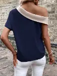 Kadın Tek Omuzu Açık Asimetrik Yaka Detaylı çift Renkli Ithal Krep Bluz-6