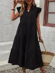 Kadın Kısa Kollu V Yakalı Geniş Kesim Uzun Trikoton Elbise-3