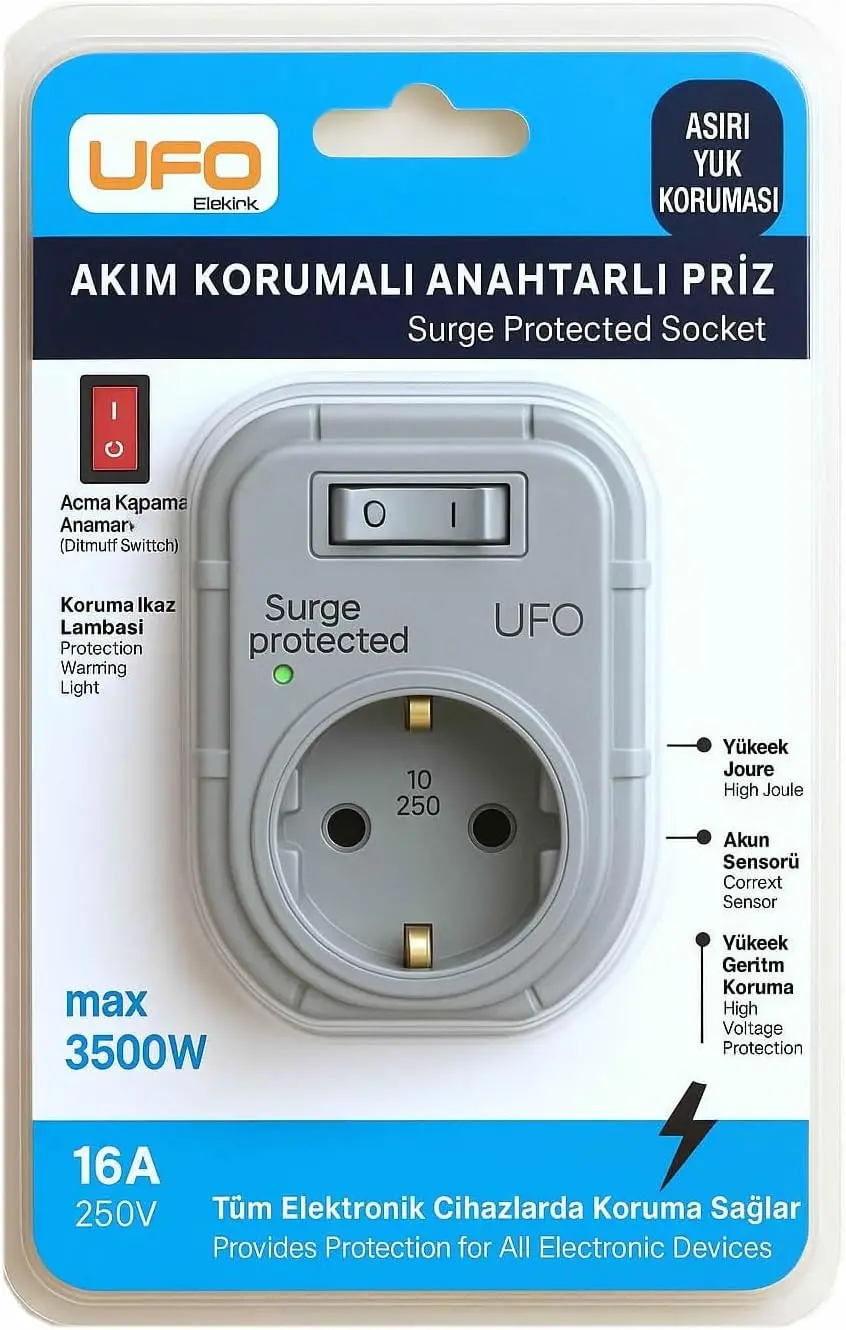 Yeni Tekli Akım Korumalı Anahtarlı Topraklı Priz, Sürekli Koruma, 16A 250V, Max 3500W Aşırı Yük Koru