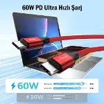 USB C'den USB C'ye 60W, 2.4A, 1m, PD 2.0, Çift Kat Örgülü Hızlı Şarj ve Data Kablosu (Kırmızı, 1 met-2