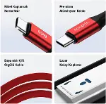 USB C'den USB C'ye 60W, 2.4A, 1m, PD 2.0, Çift Kat Örgülü Hızlı Şarj ve Data Kablosu (Kırmızı, 1 met-3