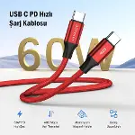 USB C'den USB C'ye 60W, 2.4A, 1m, PD 2.0, Çift Kat Örgülü Hızlı Şarj ve Data Kablosu (Kırmızı, 1 met-1