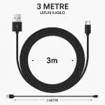 USB Micro Şarj Kablosu 3 Metre Uzun Kablo Hızlı Şarj Destekli USB Charging Data Sync Kablo High Spee-4