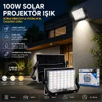 100W GÜNEŞ ENERJİLİ LED IŞIK SOLAR PROJEKTÖR - FENER KAMP - DIŞ MEKAN 3 FARKLI LED IŞIK 348960 LMB-2