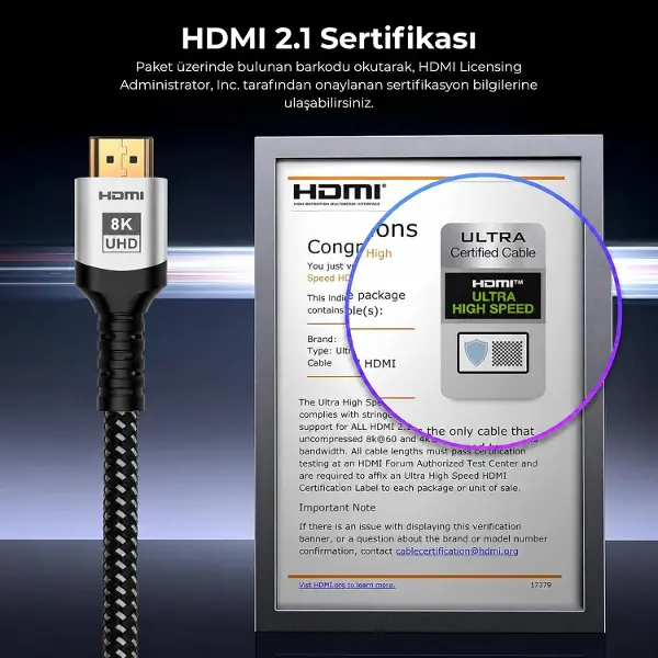 Ultra Sertifikalı HDMI 2.1 Kablo, 8K@60Hz, 4K@240Hz, 48 Gbit/s, HDMI Sertifikalı, Alüminyum Gövde -