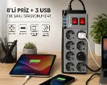 SUWORS Akım Korumalı 8’li Grup Priz 2 Metre – 3 USB Girişli Anahtarlı Çoklu Uzatma Kablosu – 4000W G-2
