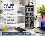 SUWORS Akım Korumalı 8’li Grup Priz 2 Metre – 3 USB Girişli Anahtarlı Çoklu Uzatma Kablosu – 4000W G-3