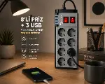 SUWORS Akım Korumalı 8’li Grup Priz 2 Metre – 3 USB Girişli Anahtarlı Çoklu Uzatma Kablosu – 4000W G-4